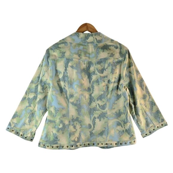 Denim Jacket 3/4 Sleeves L Multiples Pastel Blue Green Brass Accents Open Front - Picture 5 of 15